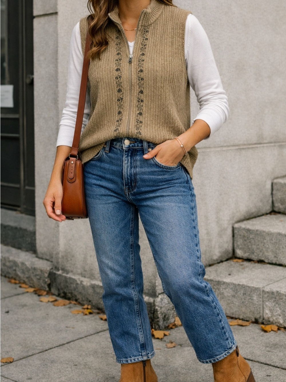 VNTG Woolrich Ribbed Zip Sweater Vest Cardigan with Floral Embroidery Granny M/L